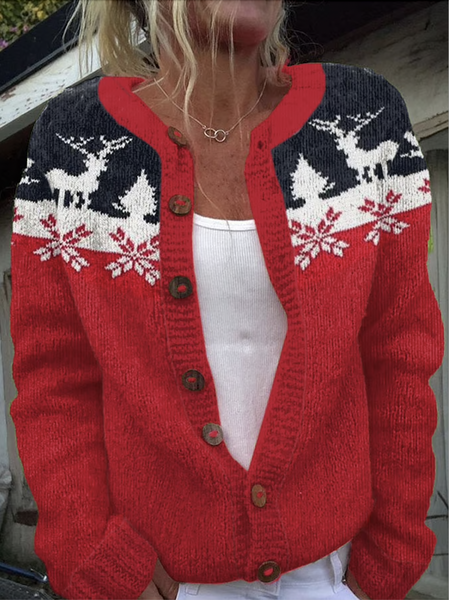 

Women Christmas Knitted Floral Long Sleeve Comfy Casual Cardigan, Red, Outerwear