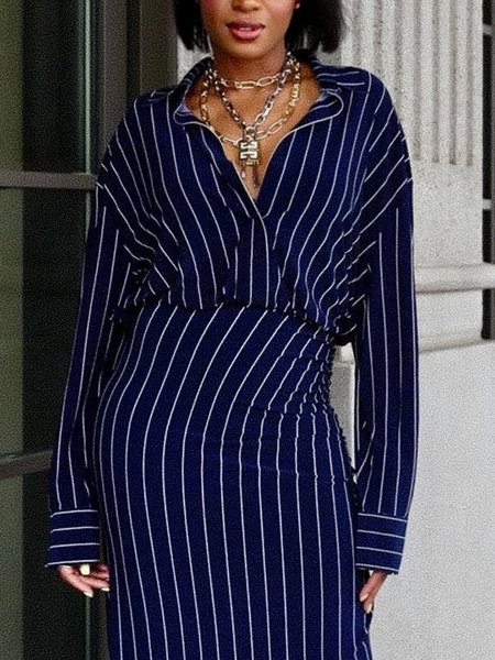

Urban Shirt Collar Striped Long Sleeve Loosen Shirt, Navyblue, Blouses and Shirts