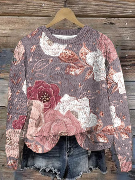 

Women's Breast Cancer Flower Print 3D Printing Casual Crew Neck Sweater, Pink, Sweaters