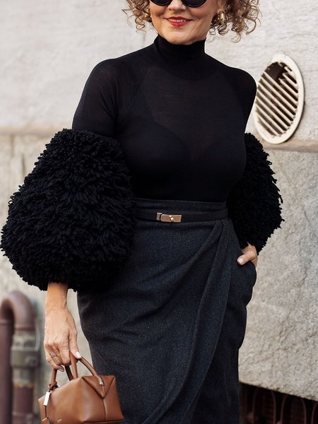 

Tight Plain Stand Collar Elegant Blouse, Black, Blouses and Shirts
