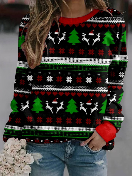 

Christmas Elk Casual Loose Crew Neck Sweatshirt, Black, Hoodies&Sweatshirts