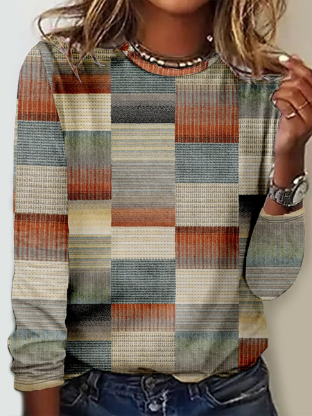 

Casual Geometric Crew Neck Long Sleeve T-shirt, Multicolor, T-shirts