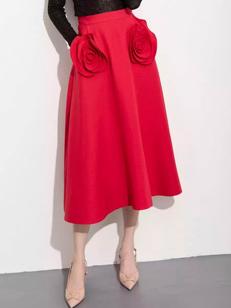 

Plain Long Regular Fit Elegant Skirt, Red, Skirts