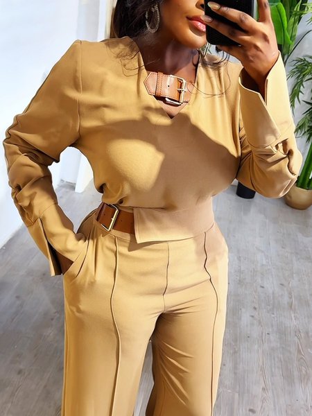 Long Sleeve Plain V Neck Urban Loose Blouse, Khaki, Blouses and Shirts
