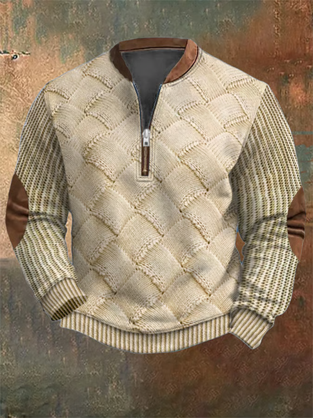 

Men's Vintage Knit Print Zip-Up Sweatshirt, Khaki, Hoodies&Sweatshirts