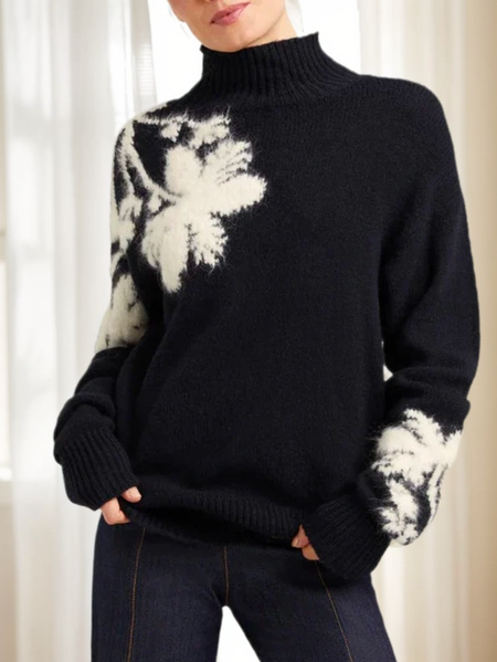 

Mock Neck Floral Casual Raglan Sleeves Sweater, Black, Pullovers