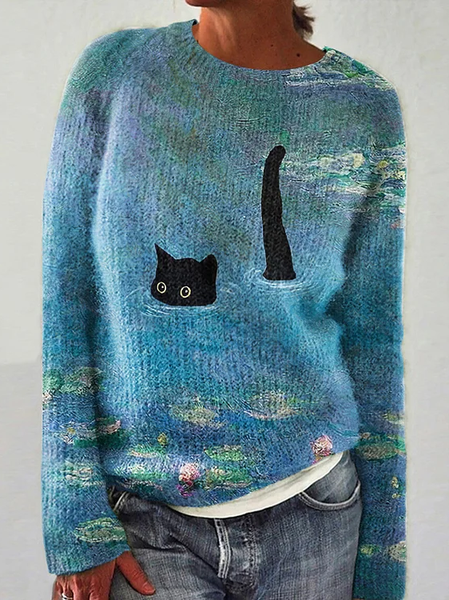 

Women's Lotus Black Cat Print 3D Printing Casual Sweater, Blue, Sweaters