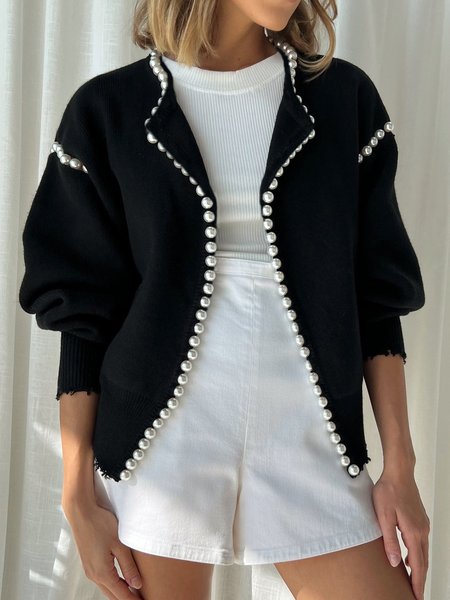

Casual Regular Sleeve Imitation Pearls Sweater Cardigan, Black, Cardigans