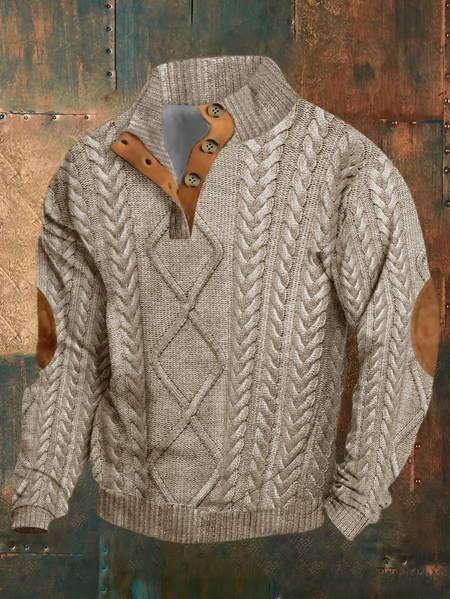 

Men's Western Casual Vintage Print Half Collar Button Sweatshirt, Khaki, Hoodies&Sweatshirts