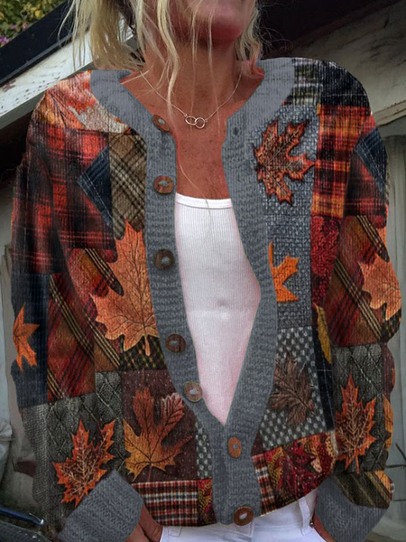 

Women's Thanksgiving Pumpkin Maple Leaf Print Crew Neck Knitted Casual Cardigan, Deep gray, Cardigans