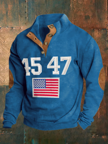 

Men's Vintage Flag Print Button-Down Sweatshirt, Blue, Hoodies&Sweatshirts