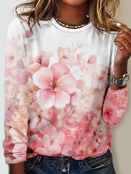 

Casual Floral Crew Neck Long Sleeve T-shirt, Pink, T-shirts