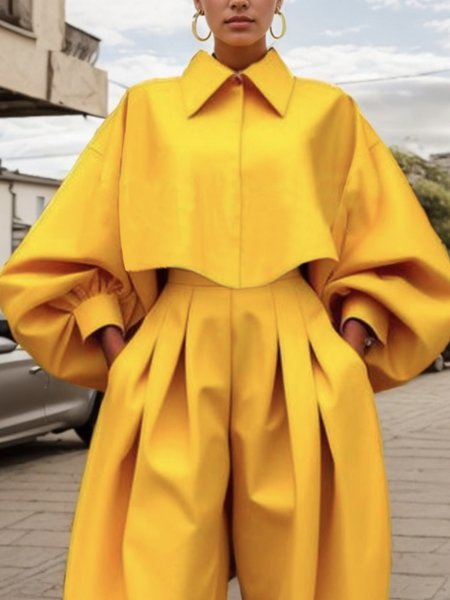 

Urban Shirt Collar Bell Sleeve Shirt, Yellow, Blouses and Shirts