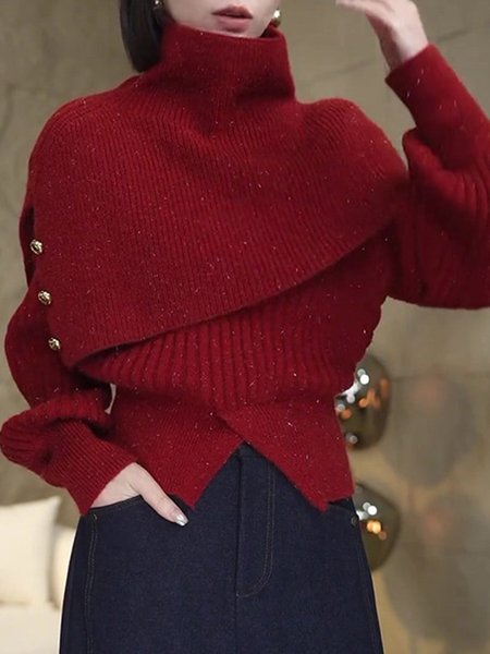 

Wrap Plain Buttoned Urban Regular Fit Sweater, Red, Pullovers