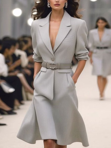

Regular Sleeve Plain Lapel Collar Urban Dress With No Belt, Gray, Midi Dresses