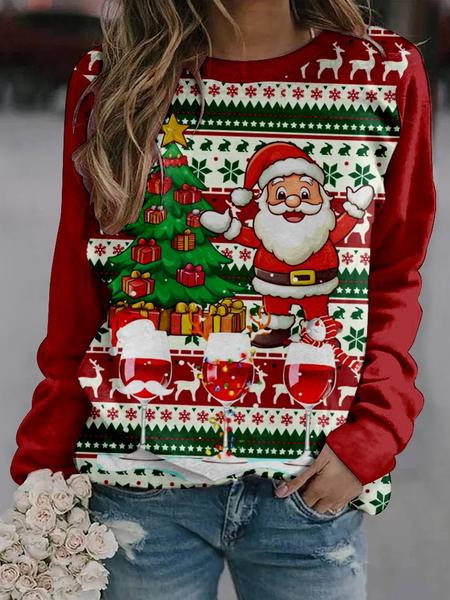 Christmas tree Loose Santa Claus Casual Sweatshirt, Red, Hoodies&Sweatshirts
