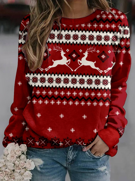 

Santa Claus Crew Neck Loose Casual Christmas Elk Sweatshirt, Red, Hoodies&Sweatshirts