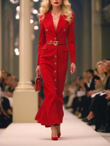 

Regular Sleeve Elegant Regular Fit Buttoned Plain Dress With No Belt, Red, Maxi Dresses