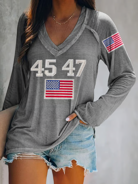 

Women's Vintage 45 47 Print V Neck Raglan Sleeve Tee, Gray, Long sleeves
