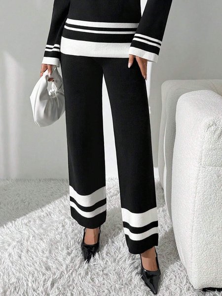 

Color Block Striped Casual Straight Sweater Pants, Black, Knit Pants