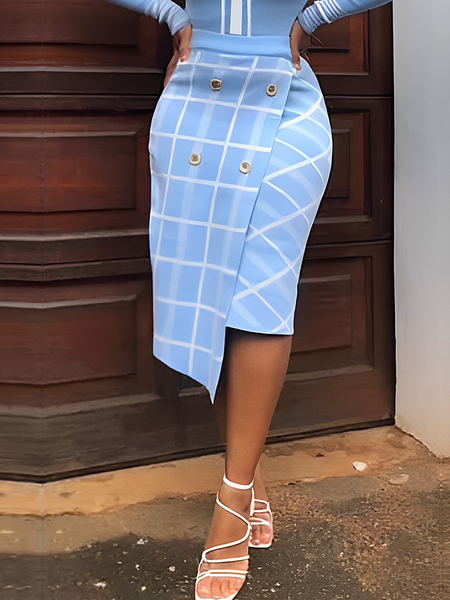 High Elasticity Regular Fit Urban Plaid Midi Sweater Skirt, Blue, Skirts