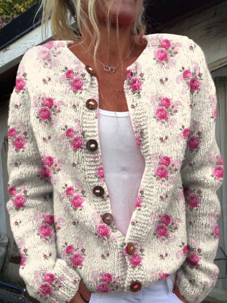 

Watercolor French Rose Repeat Pattern Print Buttoned Cardigan, Pink, Cardigans