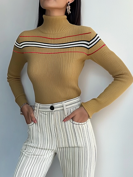 

High Elasticity Regular Sleeve Urban Tight Turtleneck Long Sleeve Sweater, Khaki, Pullovers