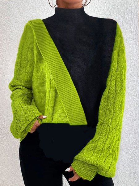 

Balloon Sleeve Color Block Casual Stand Collar Sweater, Green, Pullovers