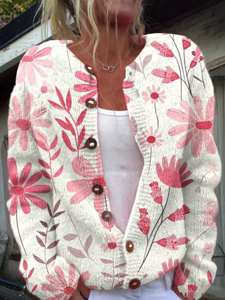 

Women's Breast Cancer Pink Floral Print Knit Cardigan, Cardigans