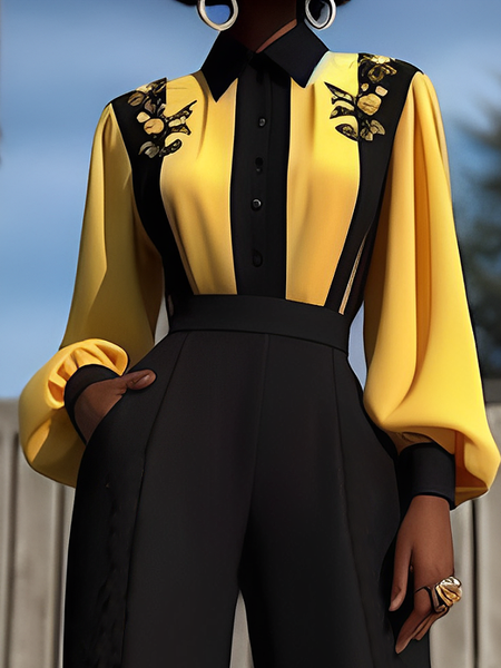 

Regular Fit Urban Shirt Collar Long Sleeve Balloon Sleeve Shirt, As picture, Blouses and Shirts