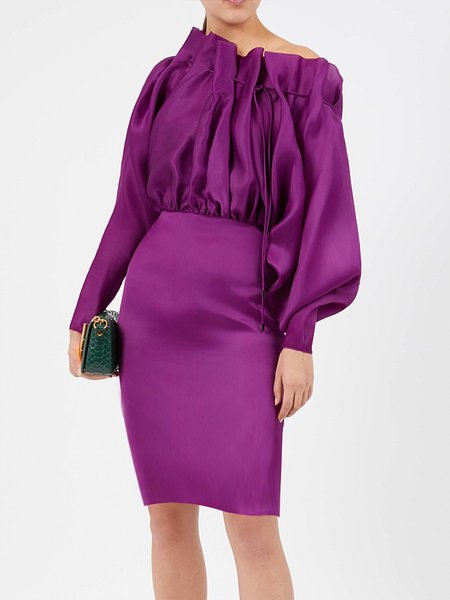 

Asymmetrical Elegant Plain Balloon Sleeve Party Dress, Purple, Midi Dresses