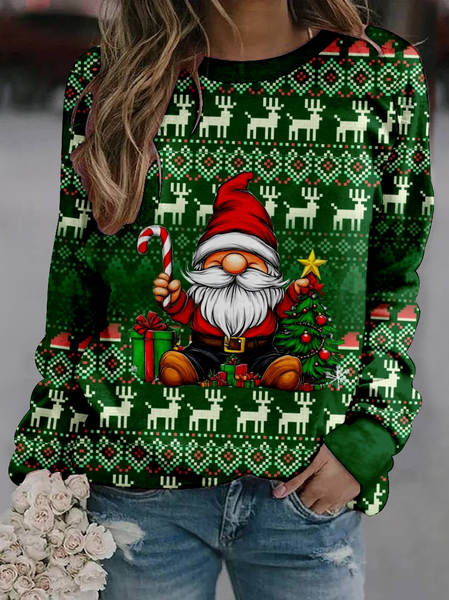 

Santa Claus Gnome Christmas tree Christmas Elk Crew Neck Santa Claus Casual Loose Sweatshirt, Green, Hoodies&Sweatshirts