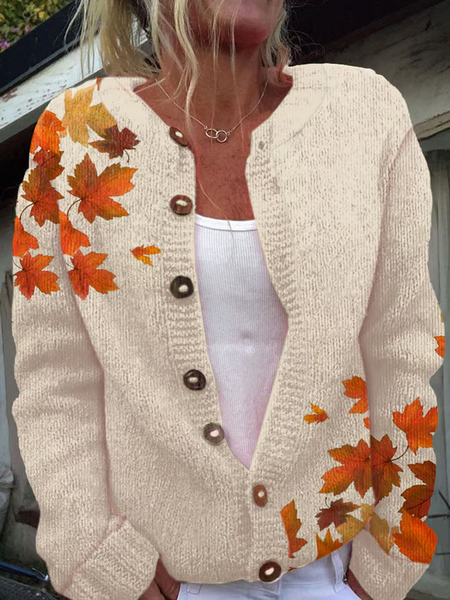 

Women's Autumn Maple Leaf Print Knitted Sweater, Apricot, Cardigans