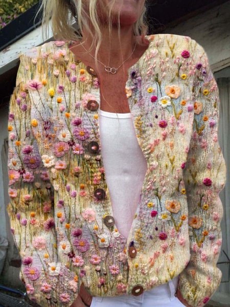 

Floral Embroidery Art Print Buttoned Cardigan, As picture, Cardigans