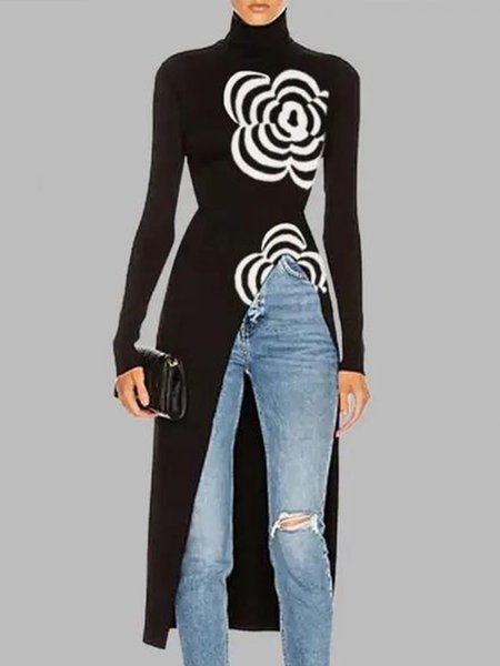 

Urban Floral Turtleneck Regular Fit Long Sleeve Blouse, Black, Blouses and Shirts