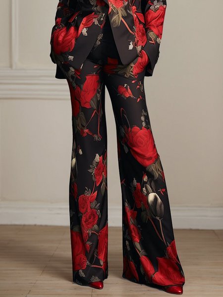 Loosen Urban Floral Fashion Pants, Red, Pants