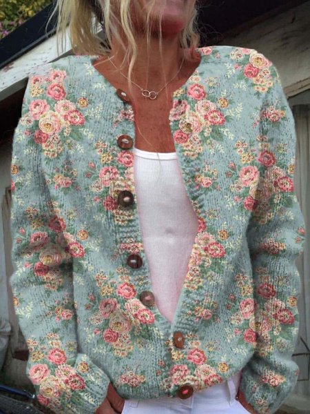 

Crew Neck Vintage Knitted Loose Cardigan, Cyan, Cardigans