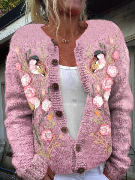 

3D Printing Regular Fit Crew Neck Casual Cardigan, Pink, Cardigans