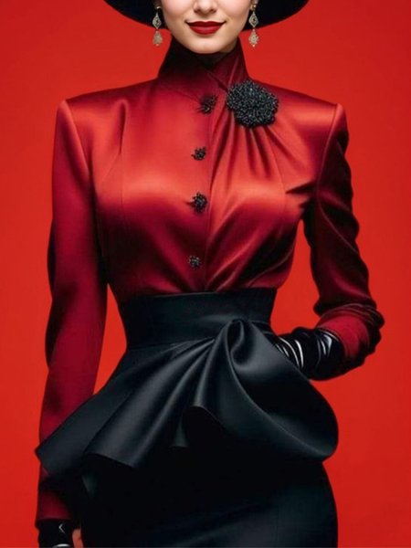 

Turtleneck Long Sleeve Regular Fit Elegant Shirt With Brooch, Red, Blouses and Shirts