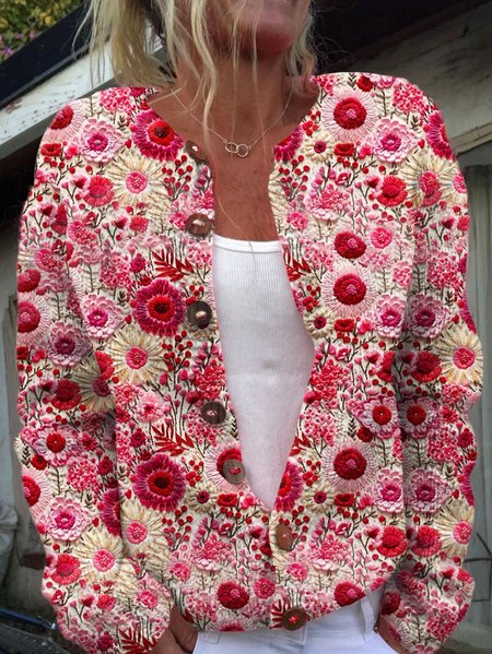 

Floral Embroidery Art Print Buttoned Cardigan, Red, Cardigans