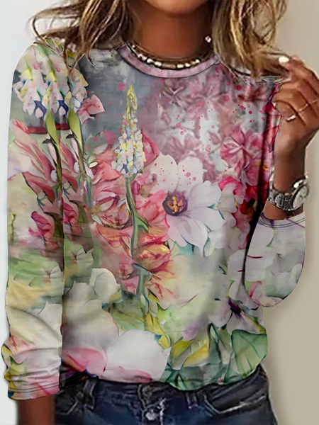 

Casual Floral Crew Neck Long Sleeve T-shirt, Multicolor, T-shirts