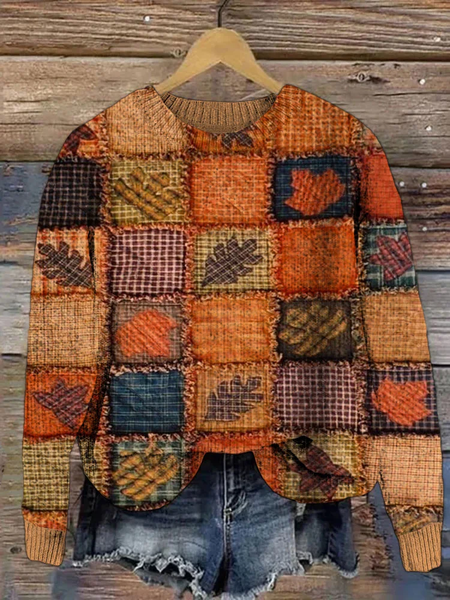 

Autumn Thanksgiving Maple Leaf Print Simple Loose Sweater, As picture, Sweaters