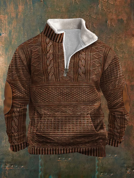 

Men's Retro Knitted Printed Fleece Sweatshirt, Brown, Hoodies&Sweatshirts