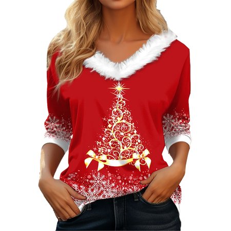 V Neck Long Sleeve Christmas Regular Micro-Elasticity Loose Blouse For Women, Red, Blouses