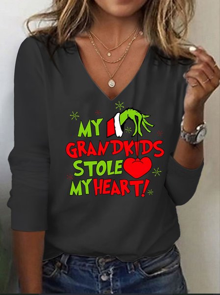 Women My Grandkids Stole My Heart Christmas Print V-Neck Long Sleeve T-Shirt, Deep gray, Long sleeves