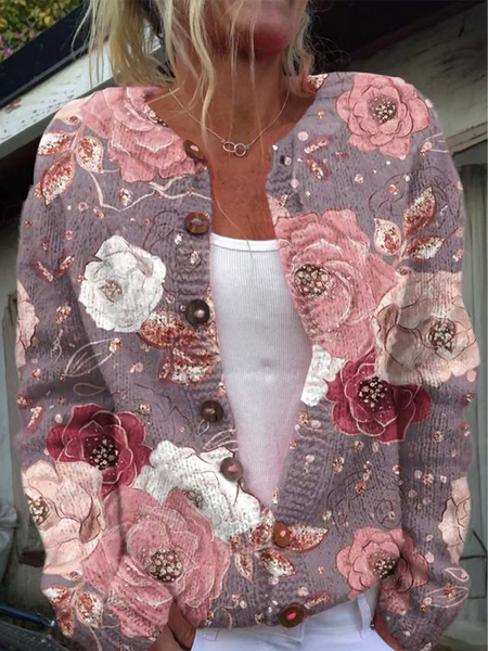 

Women's Breast Cancer Flower Print Knitted Cardigan, Pink, Cardigans