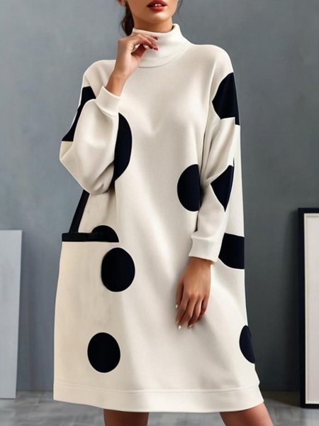 Daily Turtleneck Polka Dots Loose Dress, Off white, Midi Dresses