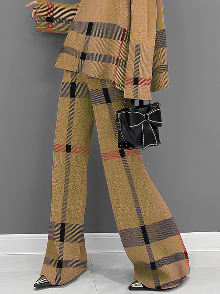 

High Elasticity Casual Plaid Regular Fit Long Sweater Pants, Khaki, Knit Pants