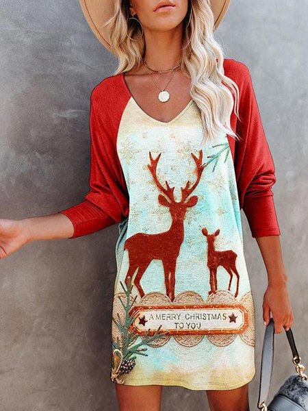 

Women Christmas V Neck Long Sleeve Comfy Casual Mini Dress, Red, Dresses