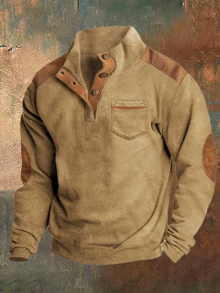 

Men's Retro Casual Regular Fit Half Collar Sweatshirt, Khaki, Hoodies&Sweatshirts